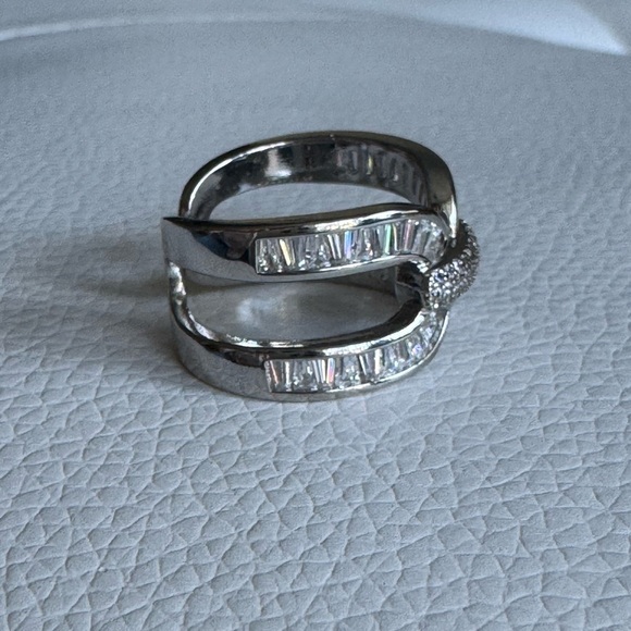 Silver and Diamond Baguette Geometric Statement Ring Adjustable New - Picture 7 of 9